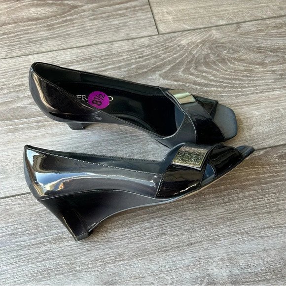 Franco Sarto I- ABIDE Grey Black Patent Leather Open Toe Wedge Pumps - Picture 2 of 16